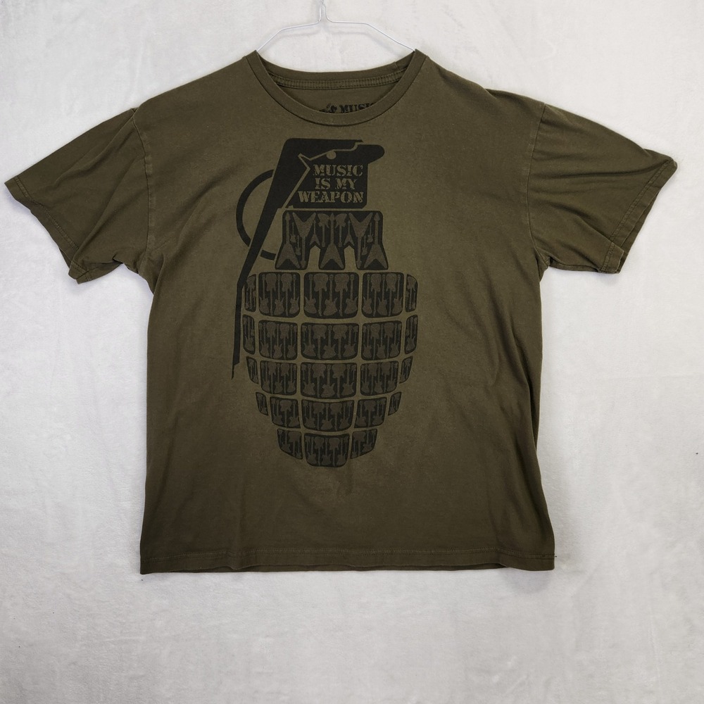 Music Is My Weapon Graphic‎ T-Shirt Grenade Guitar Mens Large Olive